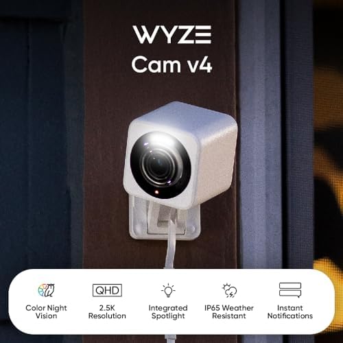 Wyze Cam v4, 2K HD Wi-Fi Smart Home Security Camera, Indoor/Outdoor Use, Pet/Baby Monitor, Motion Activated Spotlight/Siren, Enhanced Color Night Vision, 2-Way Audio, Local/Cloud Storage, Wired