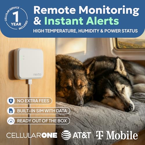 Necto RV Pet Temperature Monitor - No WiFi Required - Remote Power Outage & Temp Sensor with App Alerts. Cellular Monitoring System for Car, Home Safety & Server Room