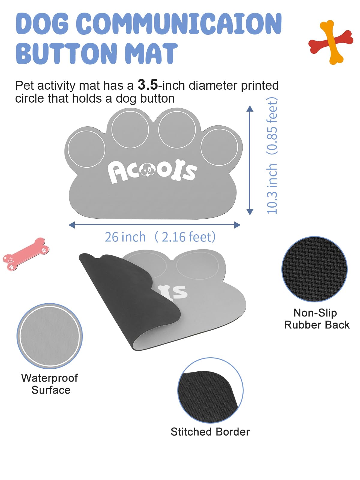 Acools Dog Communication Buttons with 30s Voice Recording, Waterproof Anti-Slip Mat & Scene Stickers