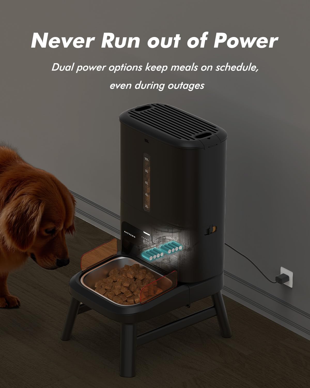 Automatic Dog Feeder for Large Breed - 15L/ 63 Cups Anti-Clog Dog Food Dispenser for 2-23mm Kibble, Elevated Stand, Large Food Tray, Dual Power, Keeps Fresh