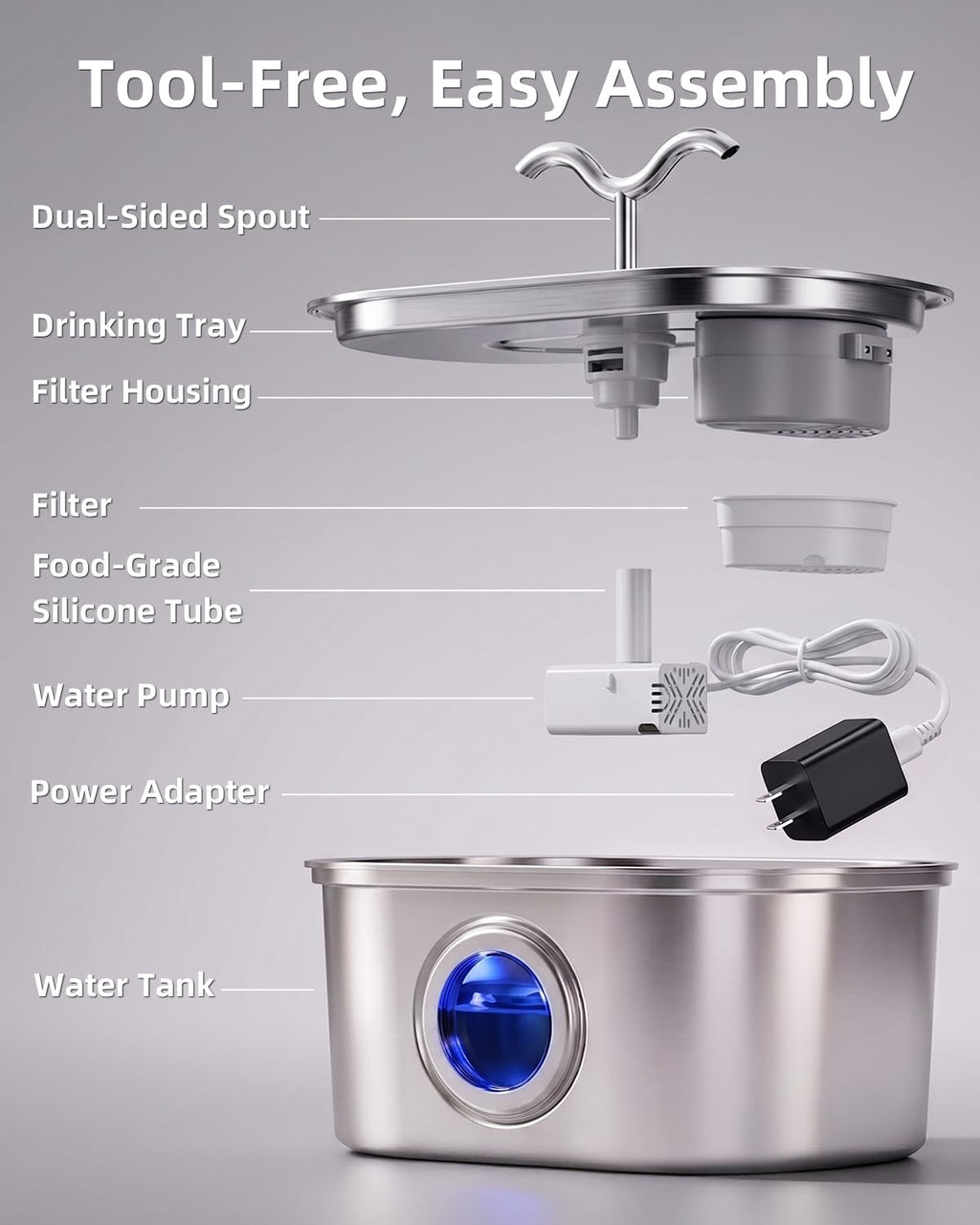 Stainless Steel Cat Water Fountain, 108oz/3.2L Pet Water Fountain for Cats Indoor, with Dual Spouts for Multiple Cats, Ultra-Quiet Automatic Dog Water Dispenser
