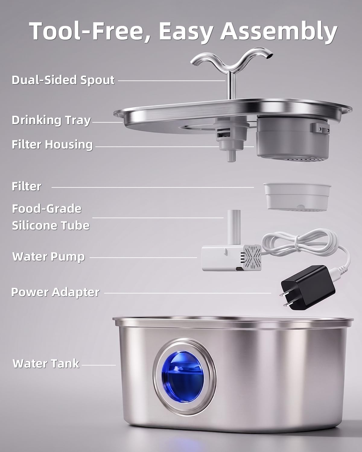 Stainless Steel Cat Water Fountain, 108oz/3.2L Pet Water Fountain for Cats Indoor, with Dual Spouts for Multiple Cats, Ultra-Quiet Automatic Dog Water Dispenser