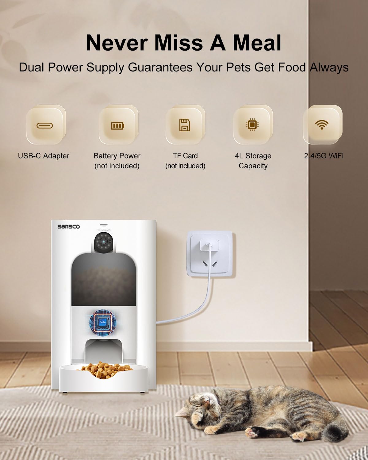 SANSCO Automatic Cat Feeder with Camera: Automatic Dog Feeder, 2K 3MP Video Recording Timed 2.4 & 5GHz WiFi App Control Pet Feeder Dispenser for Cat Dog, Rotates Up and Down, 4L