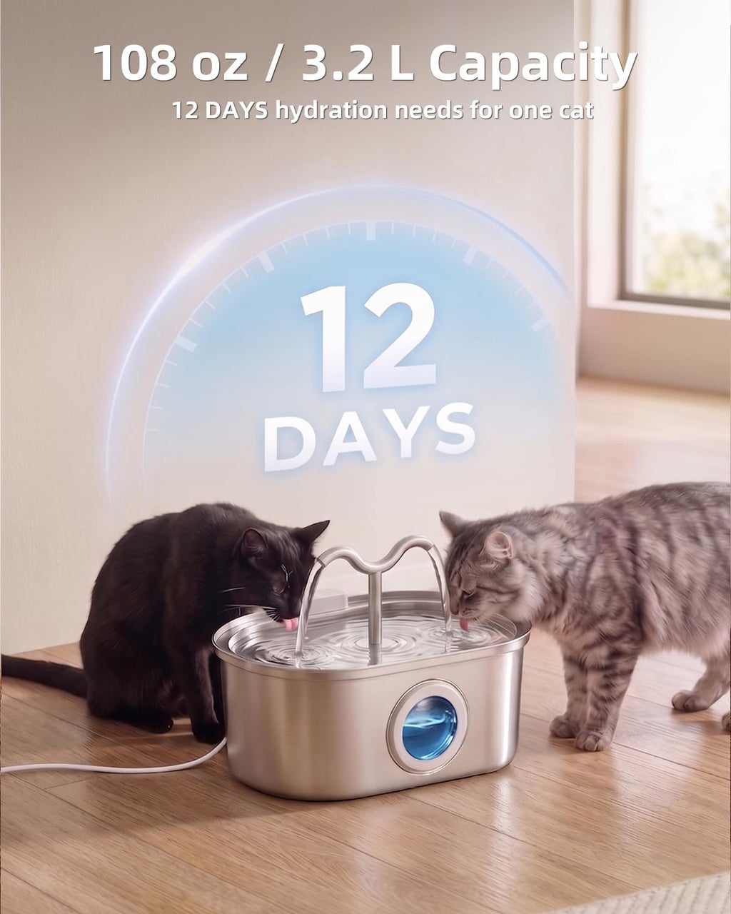 Stainless Steel Cat Water Fountain, 108oz/3.2L Pet Water Fountain for Cats Indoor, with Dual Spouts for Multiple Cats, Ultra-Quiet Automatic Dog Water Dispenser