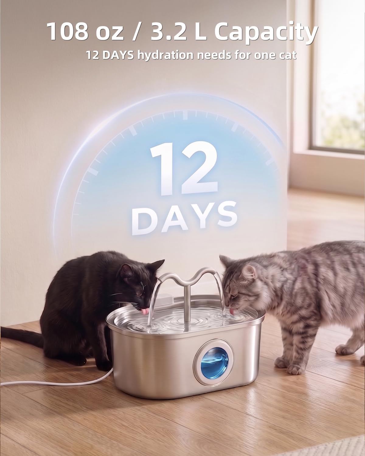 Stainless Steel Cat Water Fountain, 108oz/3.2L Pet Water Fountain for Cats Indoor, with Dual Spouts for Multiple Cats, Ultra-Quiet Automatic Dog Water Dispenser