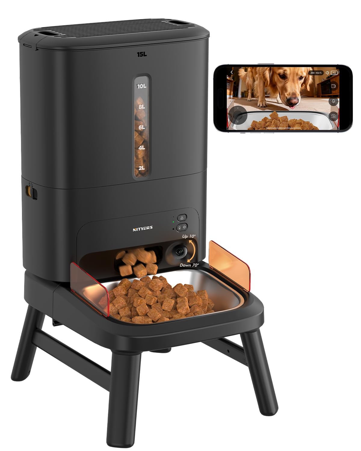 Automatic Dog Feeder for Large Breed - 15L/ 63 Cups Anti-Clog Dog Food Dispenser for 2-23mm Kibble, Elevated Stand, Large Food Tray, Dual Power, Keeps Fresh