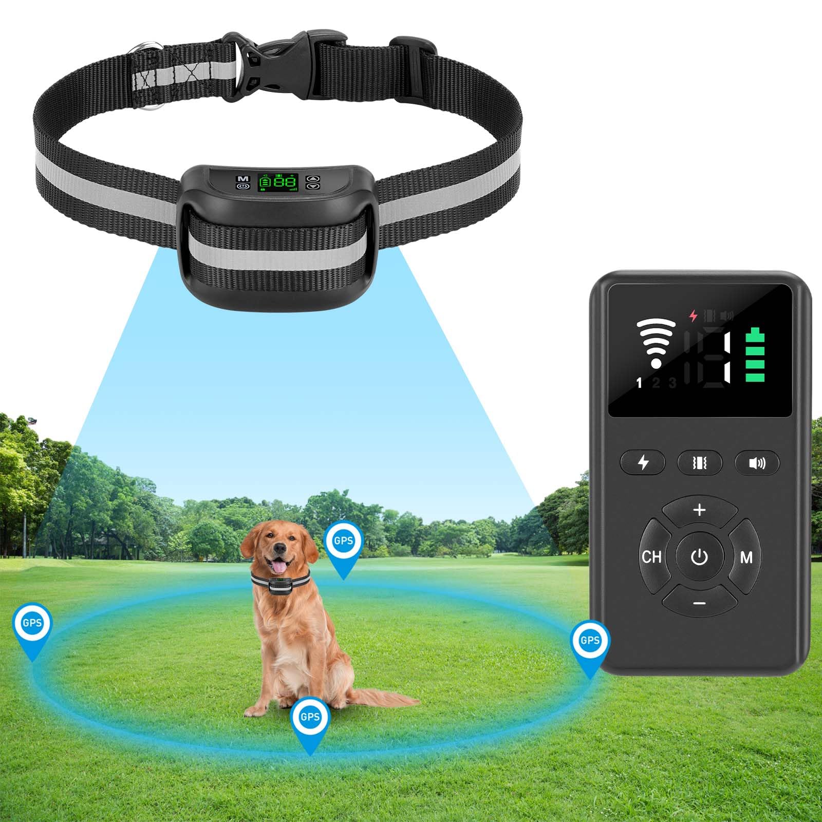 VOISTINO 2 in 1 GPS Wireless Dog Fence with Remote Training, Radius from 33 Yards to 1083 Yards, Electric Pet Containment Fence System, IPX6 Waterproof, Beep Vibration Shock, for Dogs 18+ Lbs