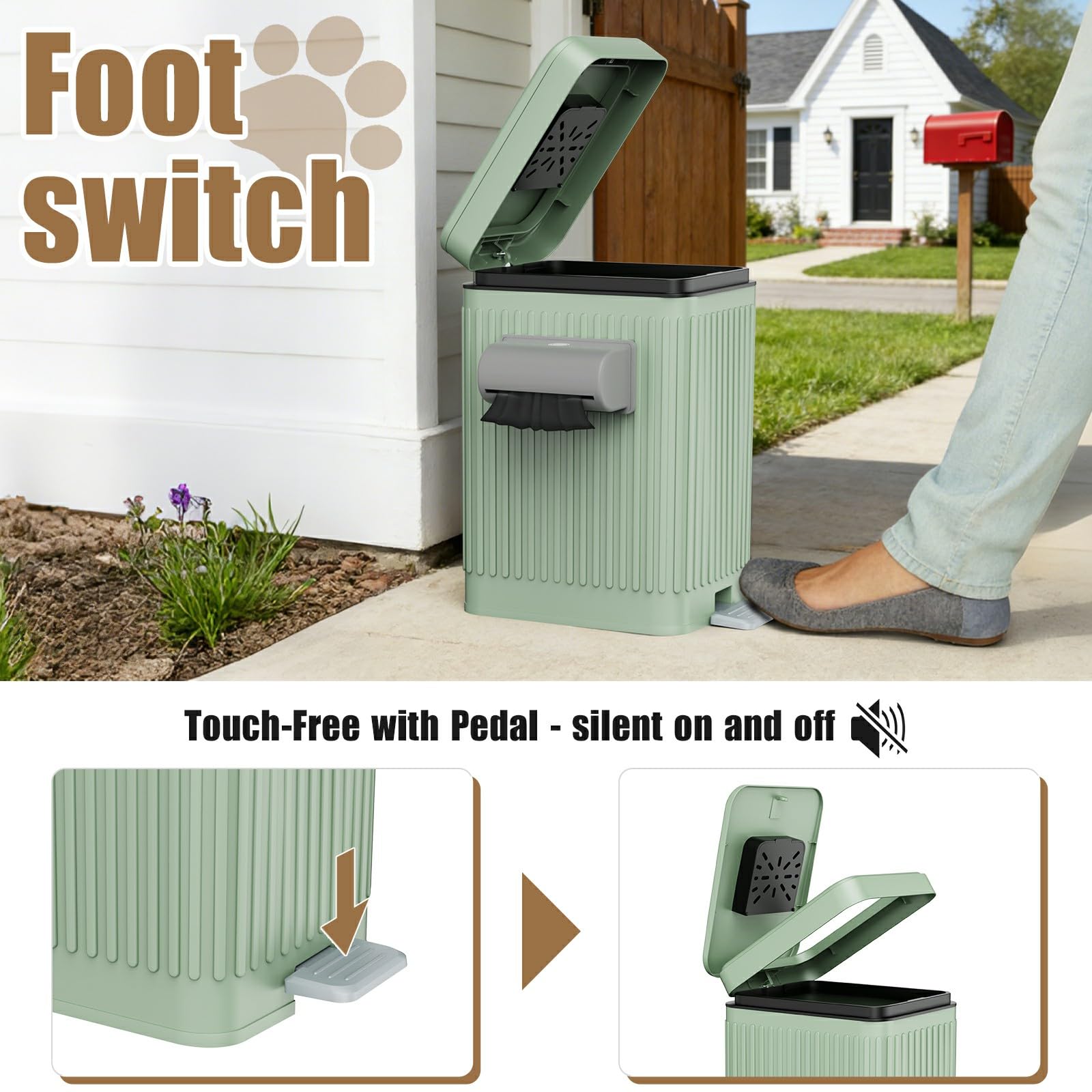 organizelink Dog Poop Trash Can for Outside & Indoor, 5L/1.3Gal Small Pet Waste Bin with Odor Control Carbon Filter, 2-Way Open (Step Pedal & Press Top), Dog Waste Container with Trash Bag Holder