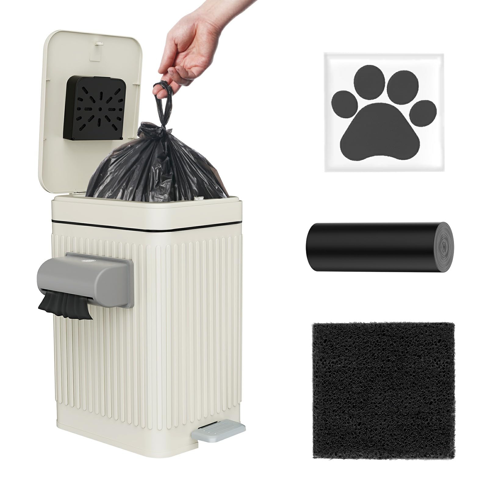 organizelink Dog Poop Trash Can for Outside & Indoor, 5L/1.3Gal Small Pet Waste Bin with Odor Control Carbon Filter, 2-Way Open (Step Pedal & Press Top), Dog Waste Container with Trash Bag Holder