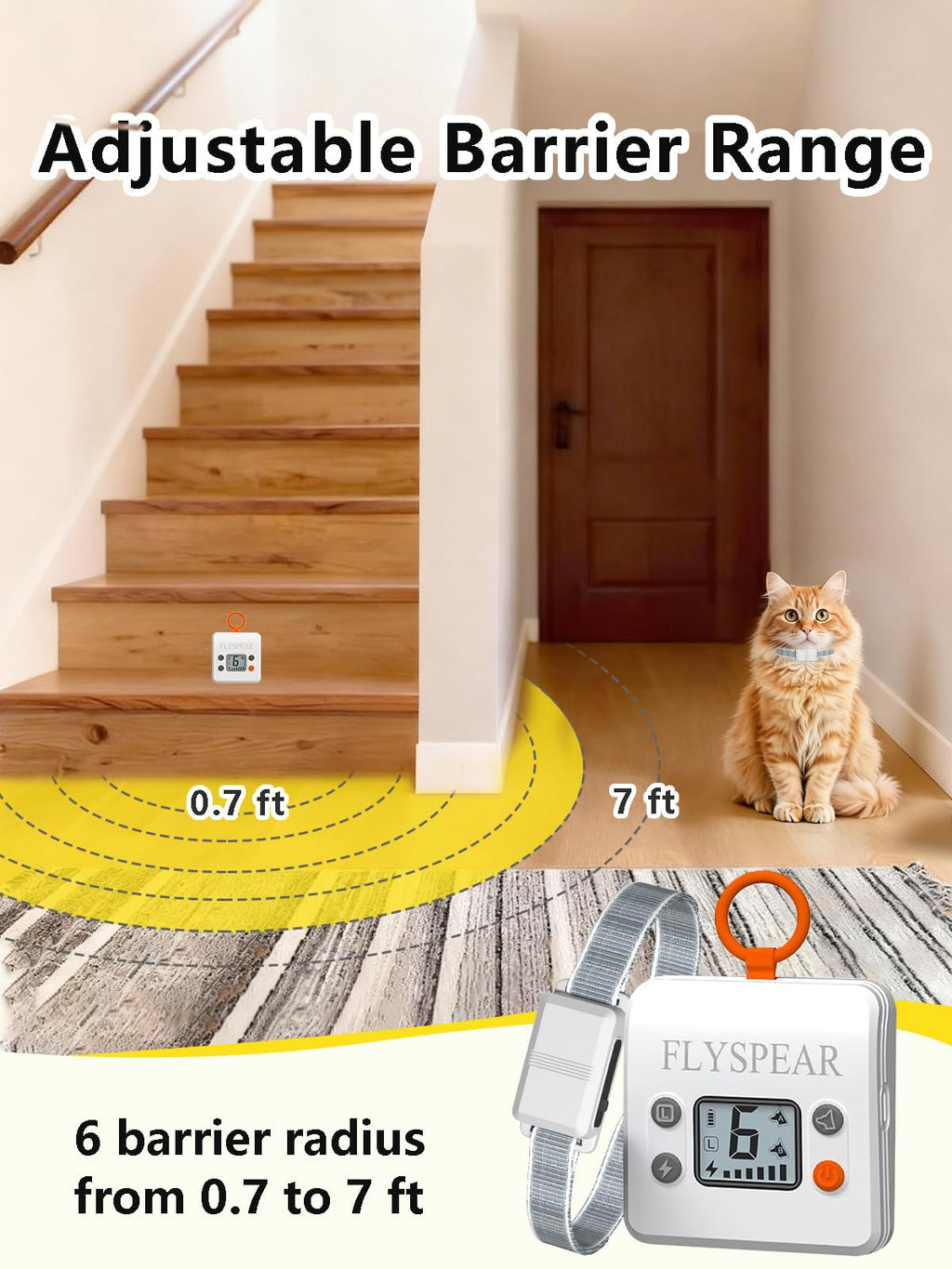 FLYSPEAR Wireless Cat Barrier - Rechargeable Indoor Barrier with 6 Adjustable Range Radius up to 7 ft, 6 Adjustable Safe Static Intensit for Cats Small Dogs with Hook