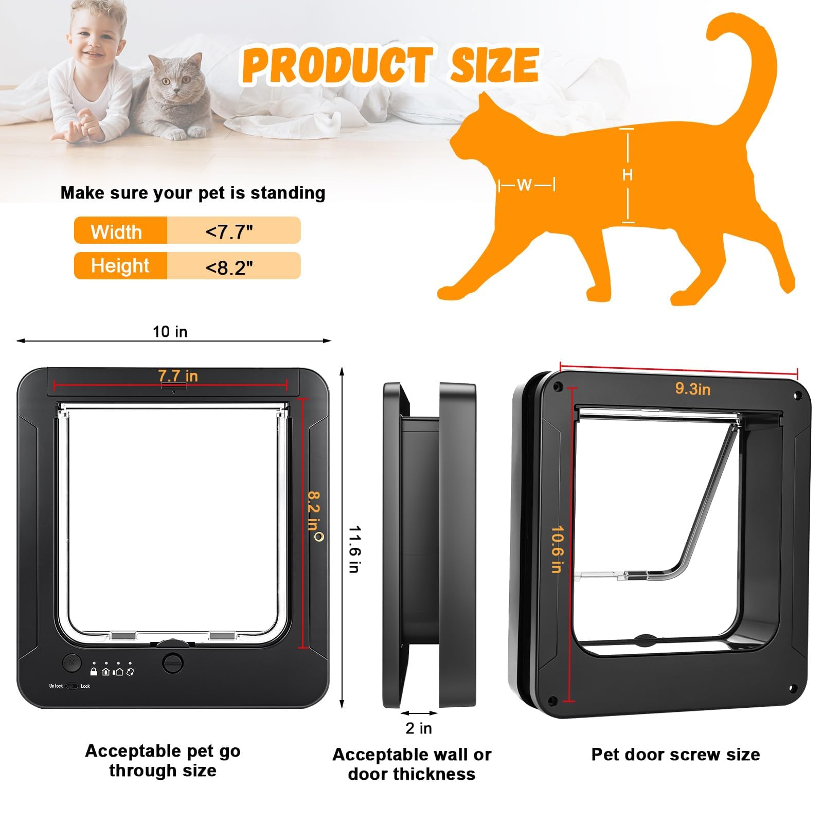 Smart Cat Door for Interior & Exterior, RFID Cat Pet Door with 3 Collar Sensor Keys & 1 Remote Control & 4 Way Locking Cat Flap with Collar Sensors Activated Opening CatDoor (Black)