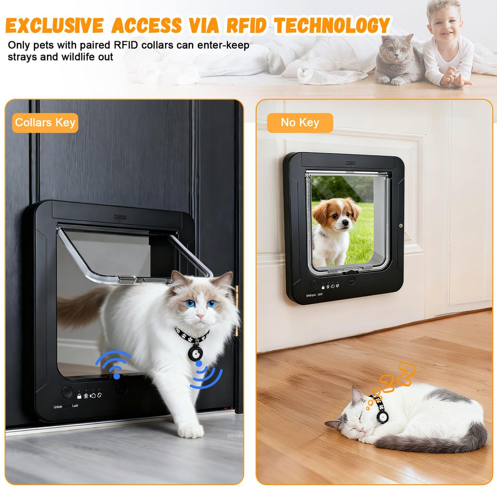 Smart Cat Door for Interior & Exterior, RFID Cat Pet Door with 3 Collar Sensor Keys & 1 Remote Control & 4 Way Locking Cat Flap with Collar Sensors Activated Opening CatDoor (Black)