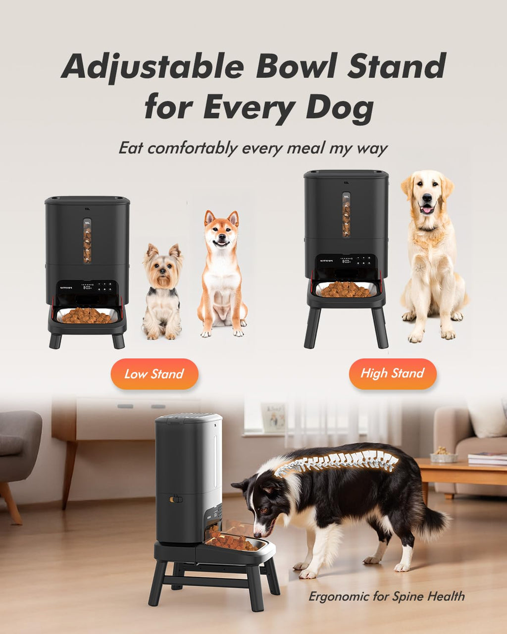 Automatic Dog Feeder for Large Breed - 15L/ 63 Cups Anti-Clog Dog Food Dispenser for 2-23mm Kibble, Elevated Stand, Large Food Tray, Dual Power, Keeps Fresh