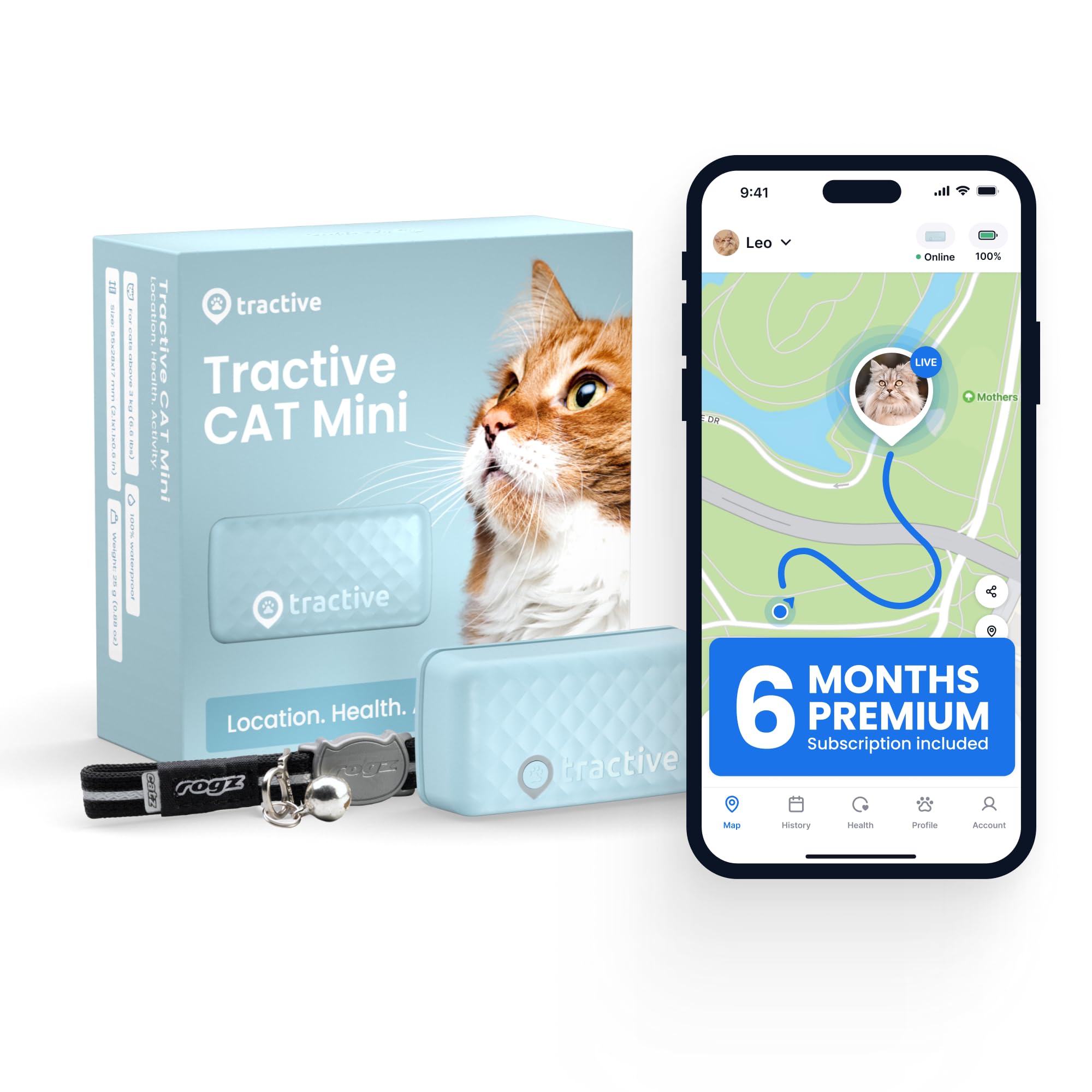 Tractive Smart Cat GPS Tracker | Real-Time Location & Wellness Monitoring for Cats 6.5 lbs+ | Territory & Location History | Up to 5-Day Battery | Breakaway Collar Included
