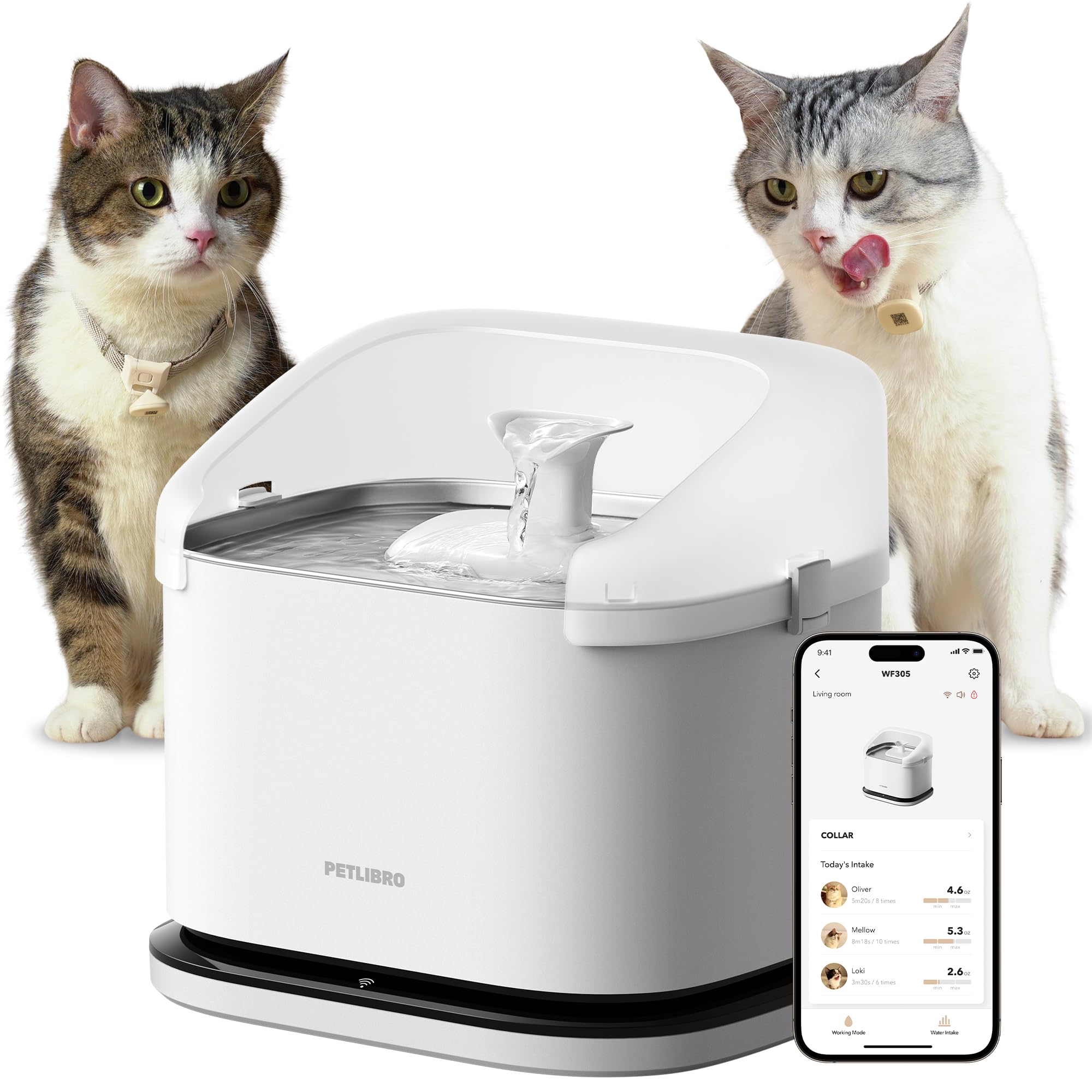 PETLIBRO RFID Multi Cats Water Fountain with Cat Recognition & Hydration Monitoring, Pump-Free Auto Cat Water Dispenser, Large Capacity 101oz/3L, 2.4G Wi-Fi APP Control Cat Fountain x2 Collar Tags