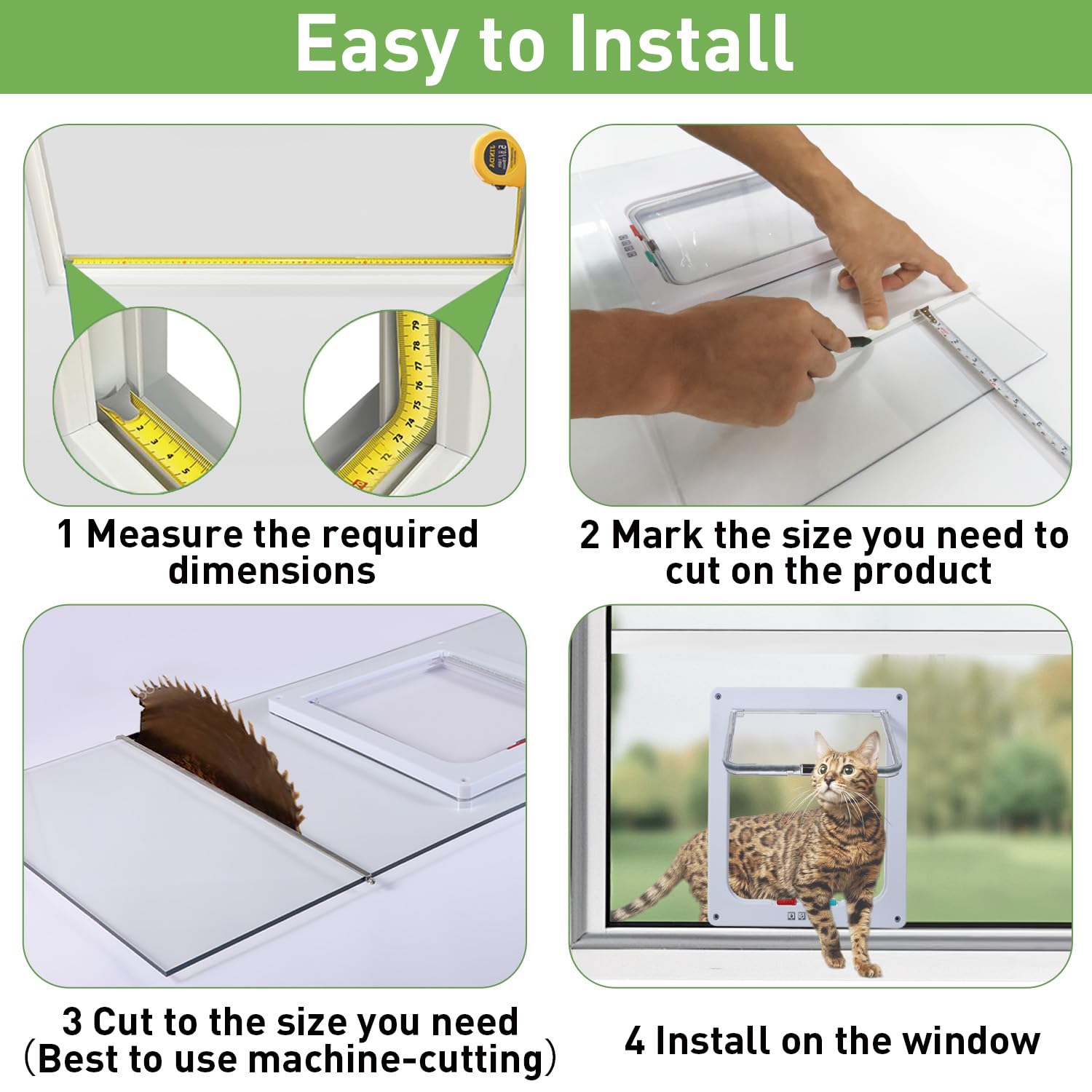 Cat Door for Window, Safety Cat Window with 4 Way Lock, Pet Friendly Window Cat Door Insert, Ease of Installation, Magnetic Closure, Weatherproof Design