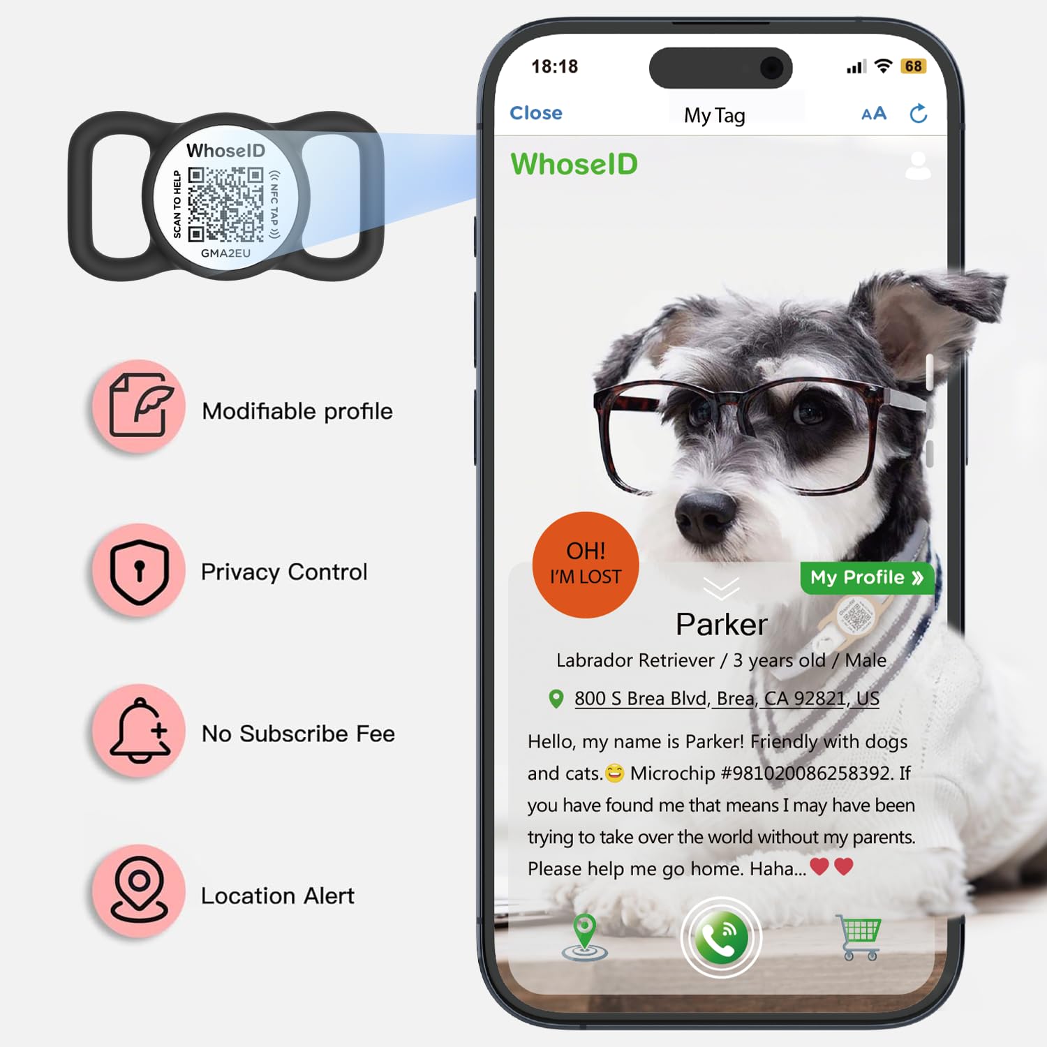 WhoseID Personalized QR Code and NFC Pet ID Tag