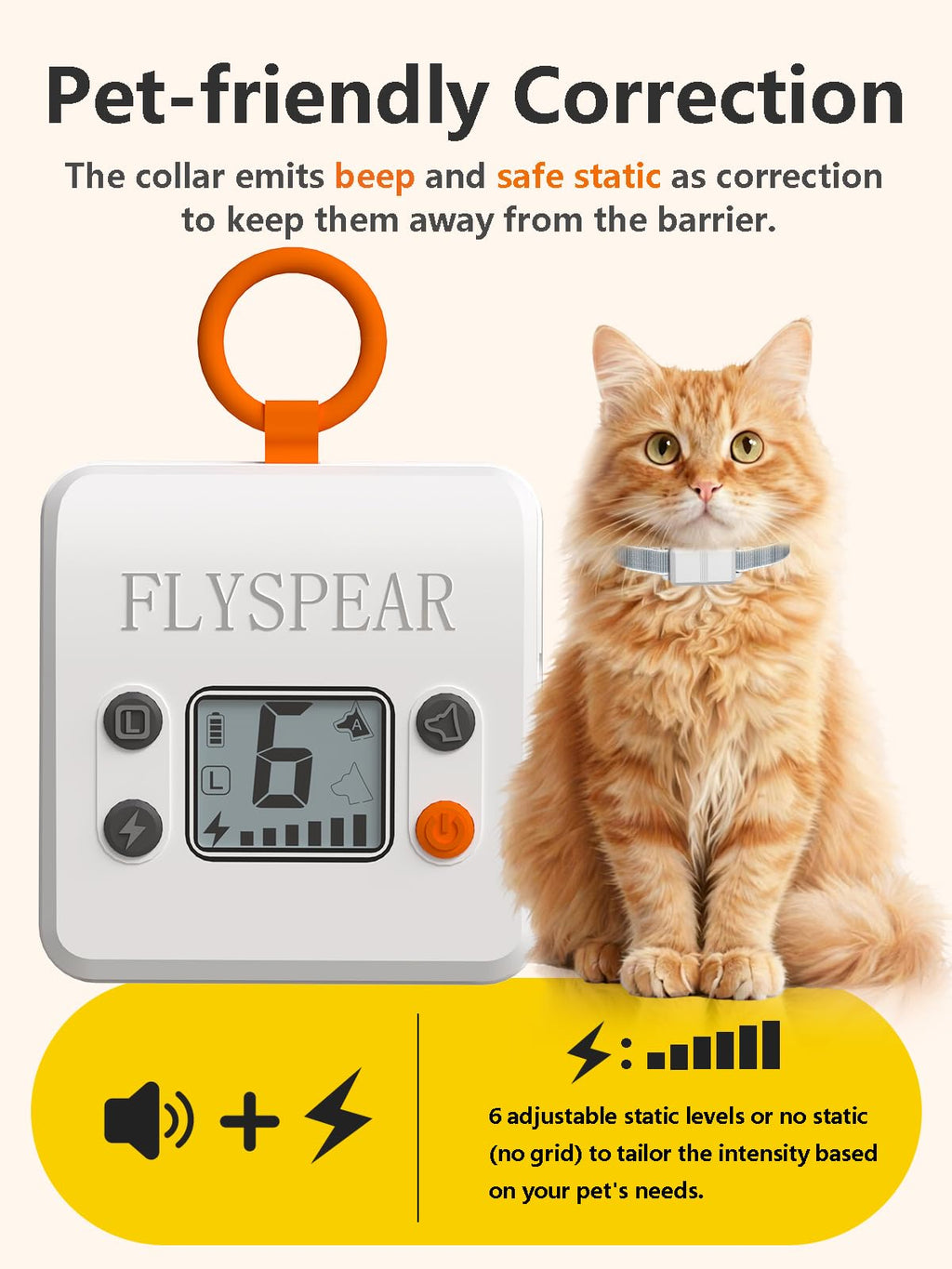 FLYSPEAR Wireless Cat Barrier - Rechargeable Indoor Barrier with 6 Adjustable Range Radius up to 7 ft, 6 Adjustable Safe Static Intensit for Cats Small Dogs with Hook