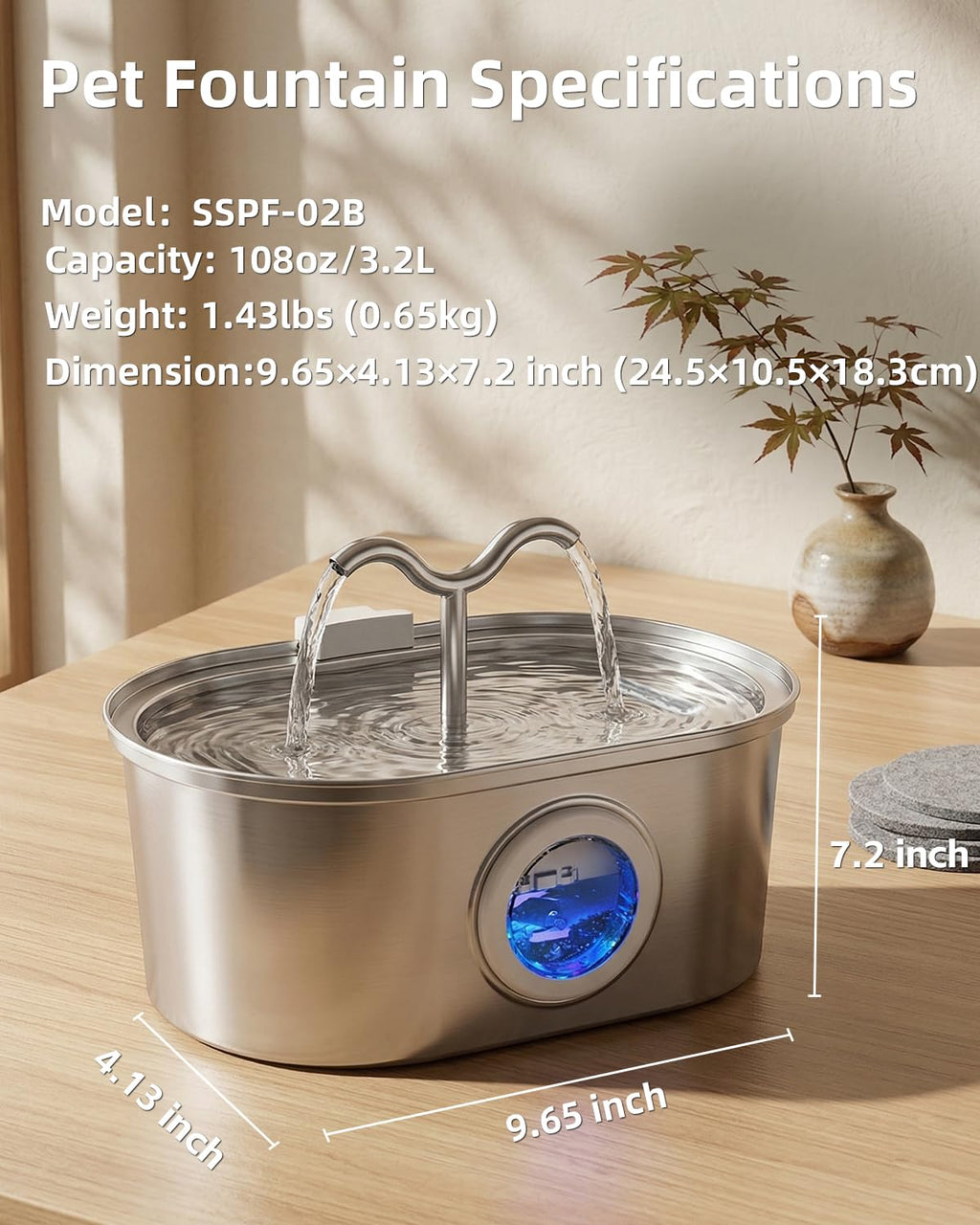 Stainless Steel Cat Water Fountain, 108oz/3.2L Pet Water Fountain for Cats Indoor, with Dual Spouts for Multiple Cats, Ultra-Quiet Automatic Dog Water Dispenser
