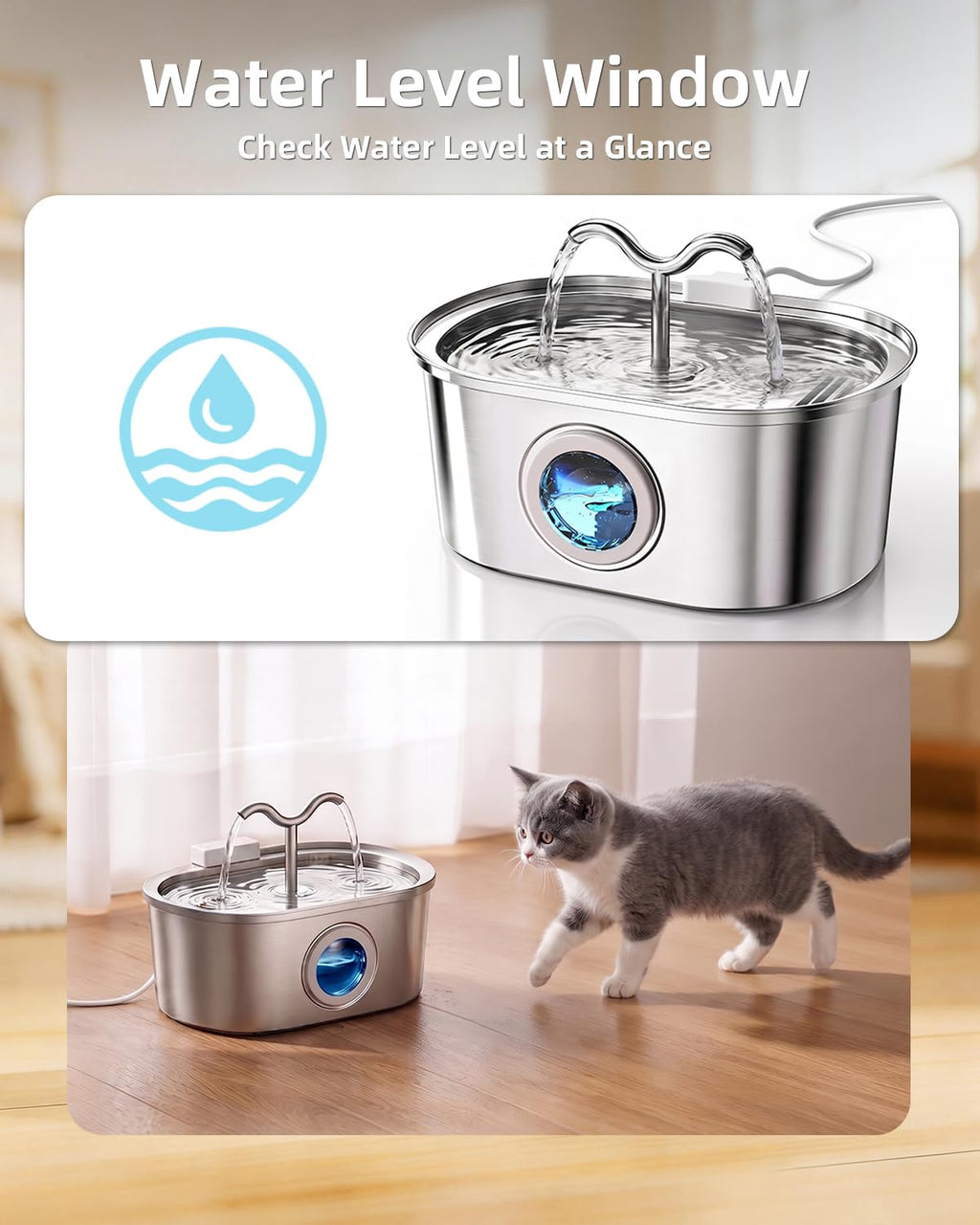 Stainless Steel Cat Water Fountain, 108oz/3.2L Pet Water Fountain for Cats Indoor, with Dual Spouts for Multiple Cats, Ultra-Quiet Automatic Dog Water Dispenser