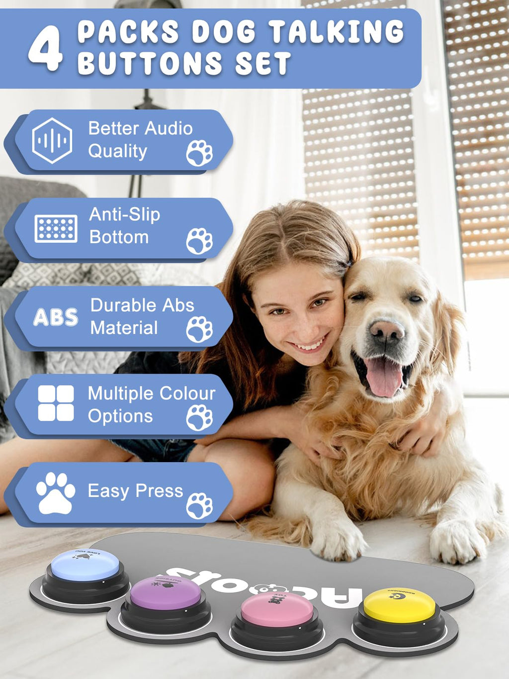 Acools Dog Communication Buttons with 30s Voice Recording, Waterproof Anti-Slip Mat & Scene Stickers