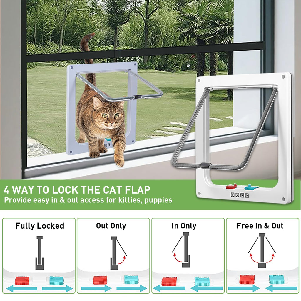 Cat Door for Window, Safety Cat Window with 4 Way Lock, Pet Friendly Window Cat Door Insert, Ease of Installation, Magnetic Closure, Weatherproof Design