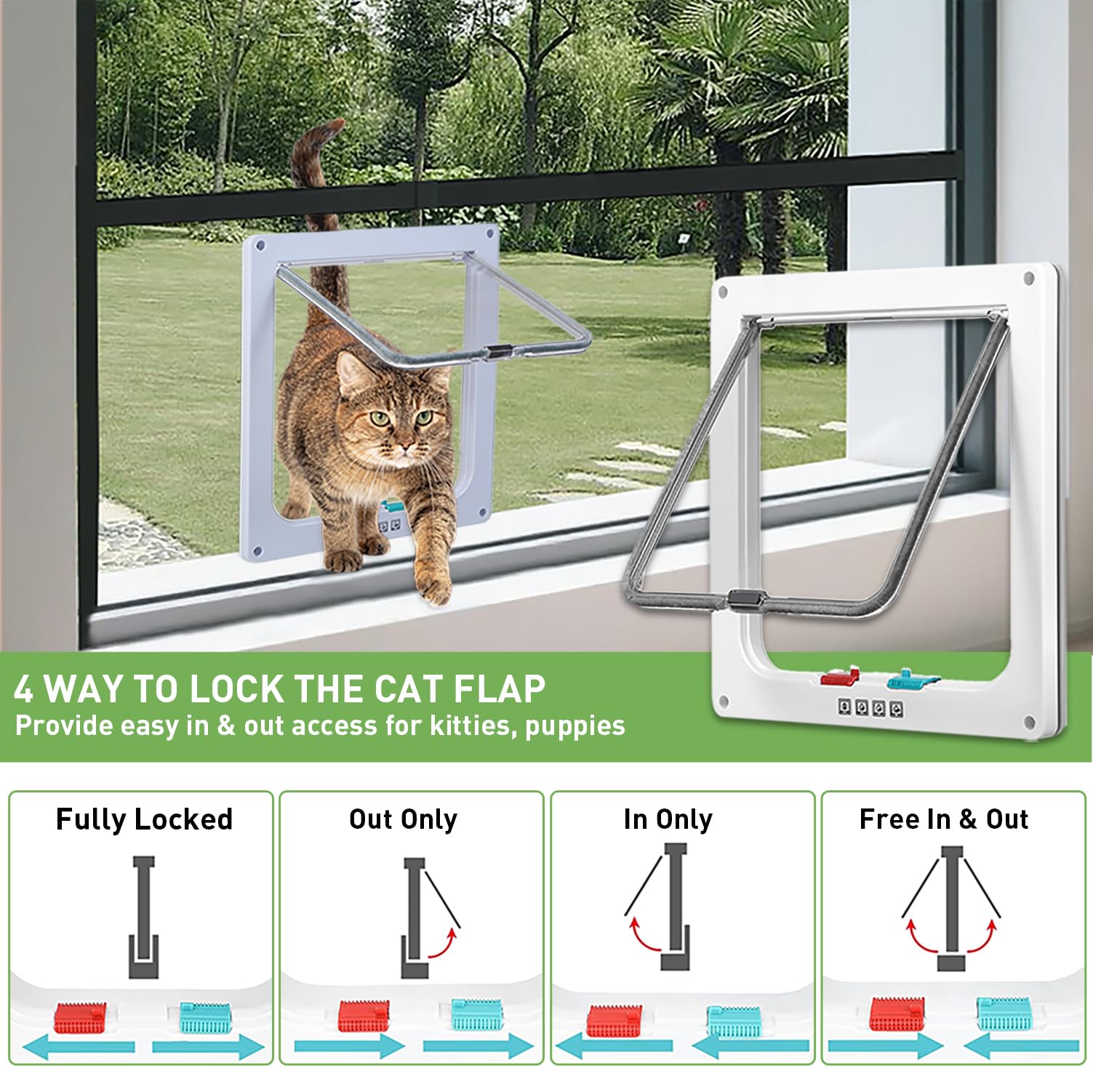 Cat Door for Window, Safety Cat Window with 4 Way Lock, Pet Friendly Window Cat Door Insert, Ease of Installation, Magnetic Closure, Weatherproof Design