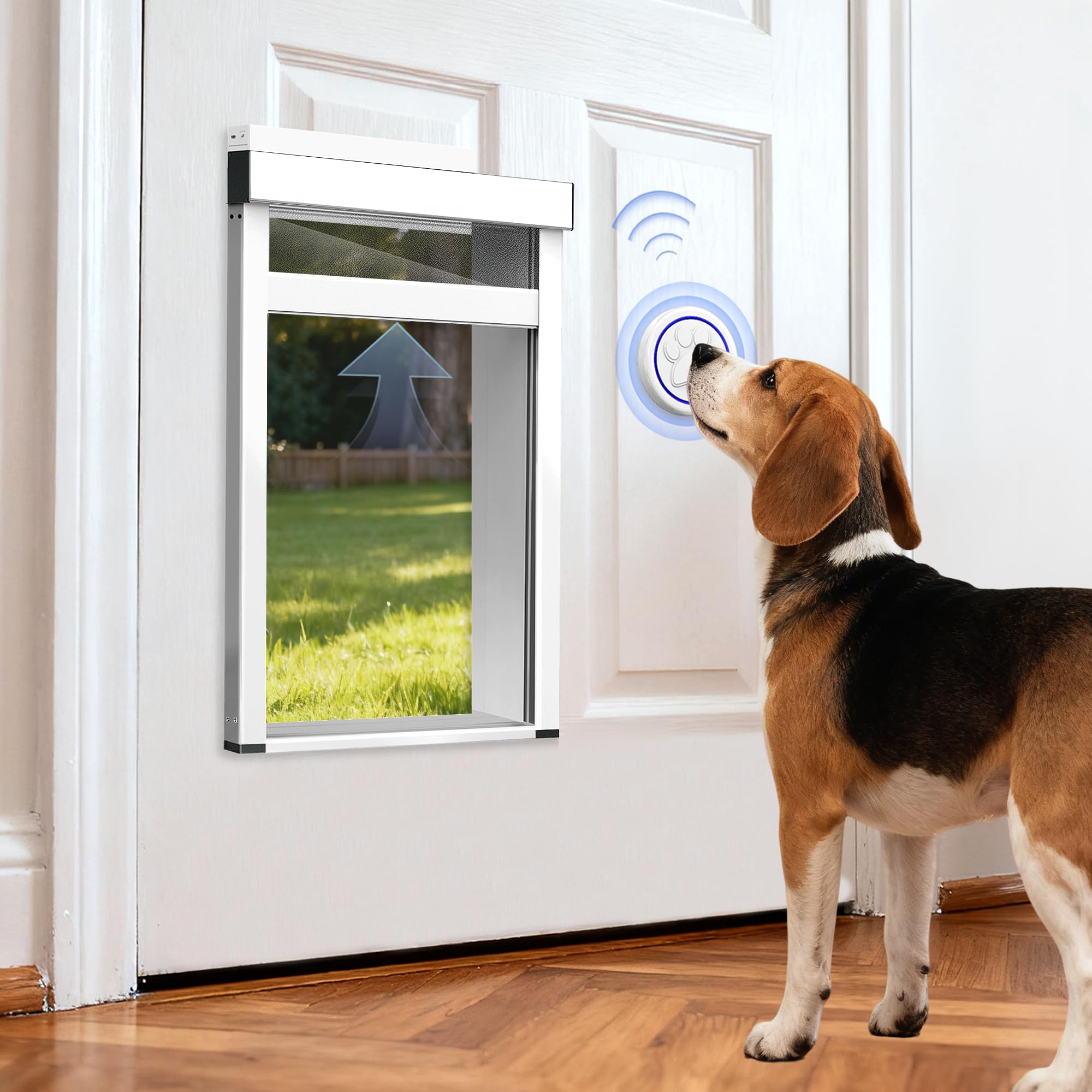 Automatic Dog Door with Doorbell Activation, 2-Flap Electronic Smart Pet Door with Anti-Pinch, No Collar Needed, Aluminum Lockable Weatherproof Telescoping Tunnel for Pets
