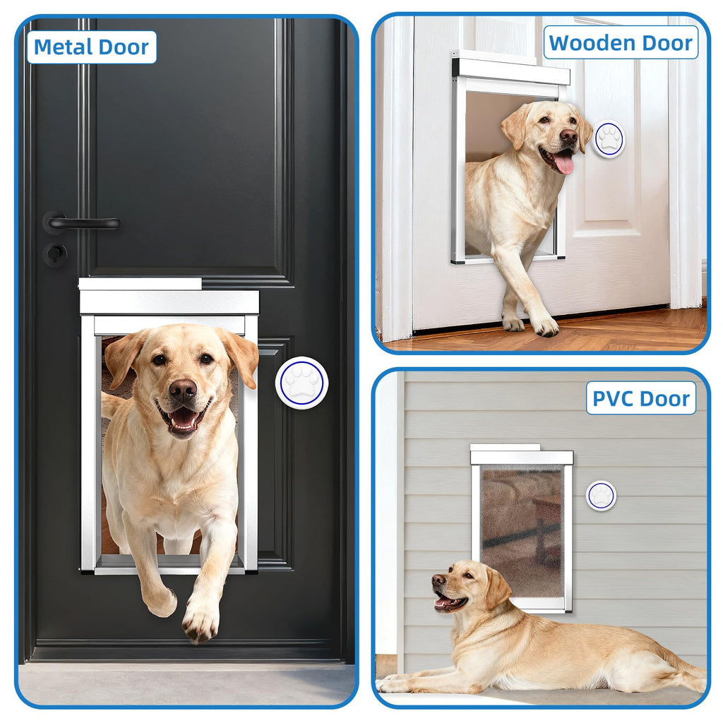 Automatic Dog Door with Doorbell Activation, 2-Flap Electronic Smart Pet Door with Anti-Pinch, No Collar Needed, Aluminum Lockable Weatherproof Telescoping Tunnel for Pets