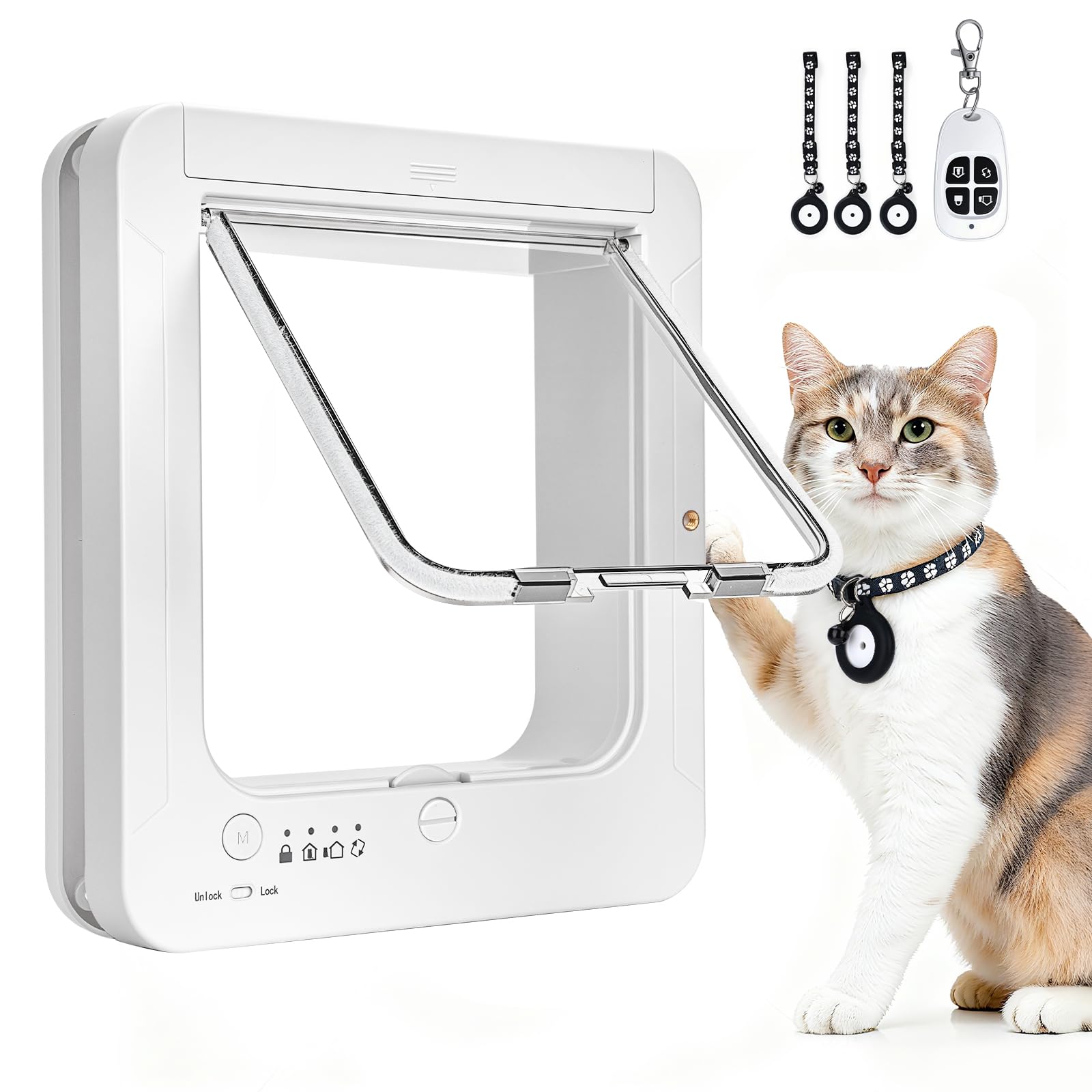 Smart Cat Door for Interior & Exterior, RFID Cat Pet Door with 3 Collar Sensor Keys & 1 Remote Control & 4 Way Locking Cat Flap with Collar Sensors Activated Opening CatDoor (Black)