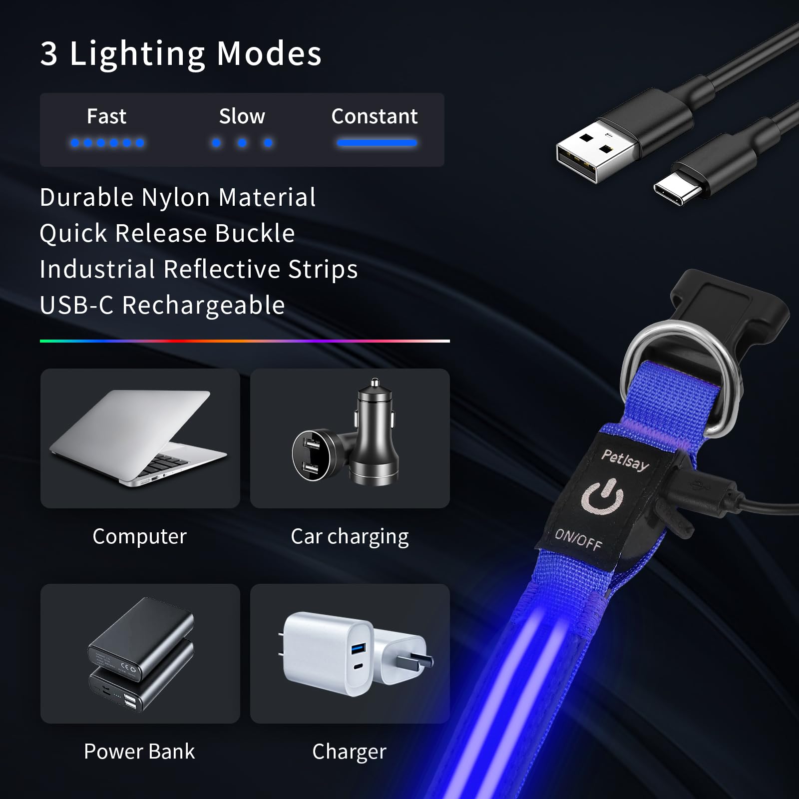 PetIsay Dog Light up Collar for Night Walking - High Visibility LED Dog Collar - Rechargeable - Waterproof - Reflective - Adjustable Lighted Glow Collars
