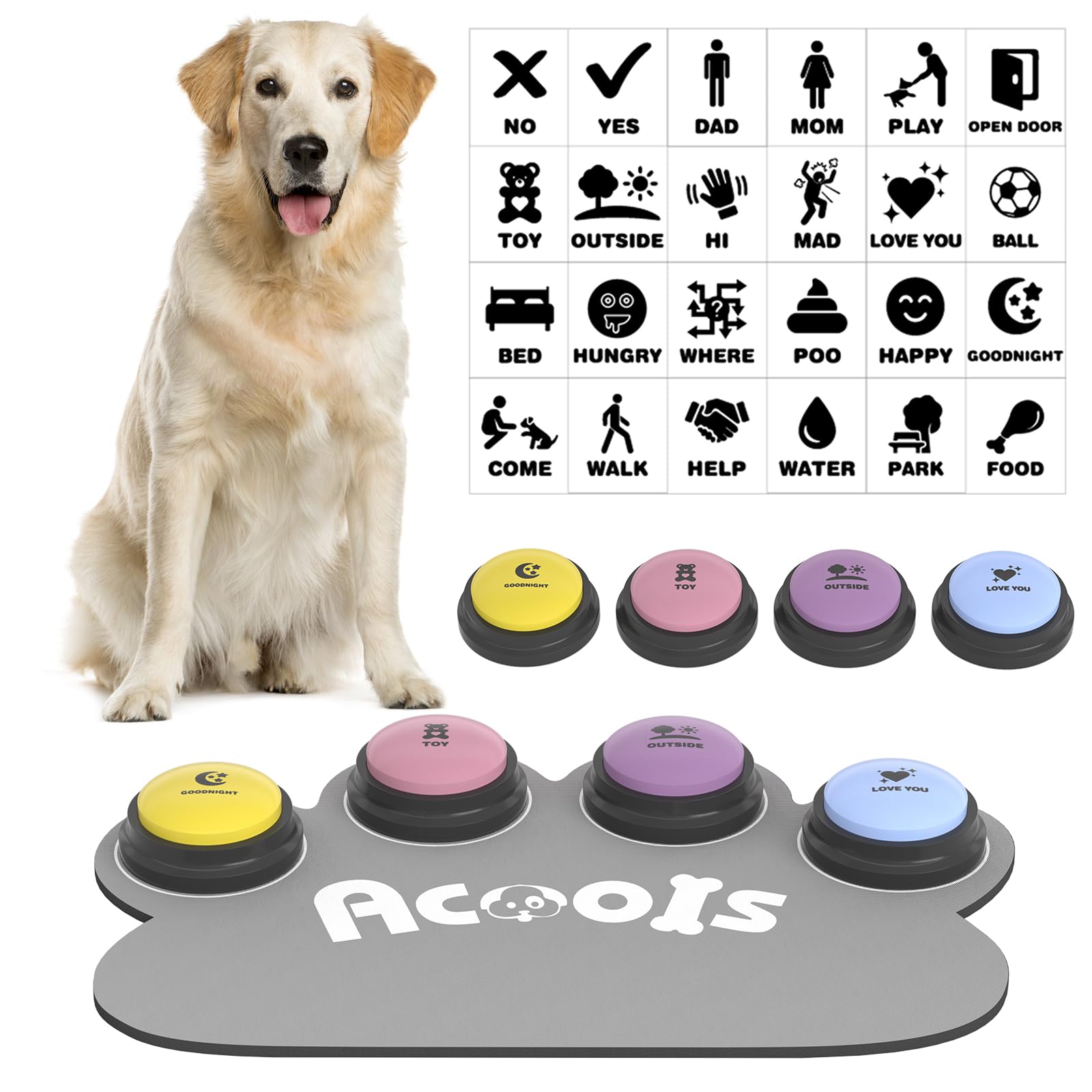 Acools Dog Communication Buttons with 30s Voice Recording, Waterproof Anti-Slip Mat & Scene Stickers