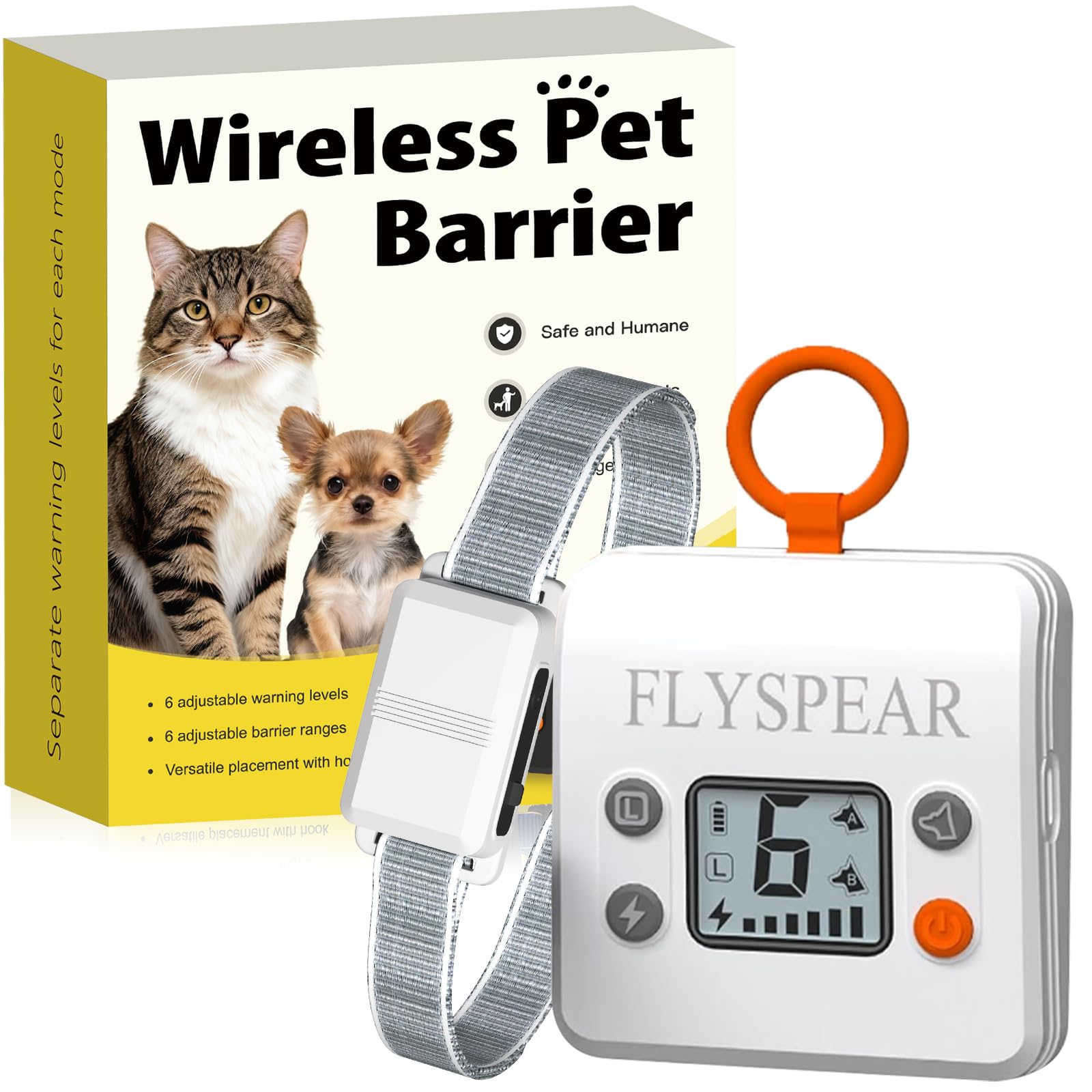 FLYSPEAR Wireless Cat Barrier - Rechargeable Indoor Barrier with 6 Adjustable Range Radius up to 7 ft, 6 Adjustable Safe Static Intensit for Cats Small Dogs with Hook