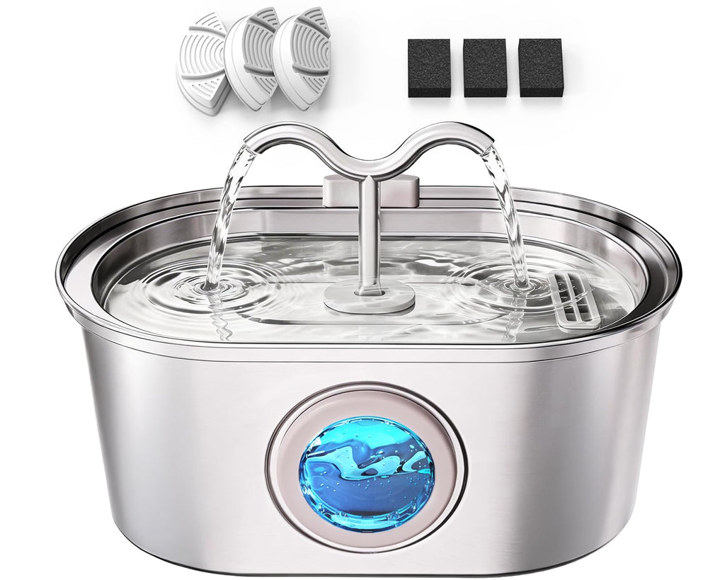 Stainless Steel Cat Water Fountain, 108oz/3.2L Pet Water Fountain for Cats Indoor, with Dual Spouts for Multiple Cats, Ultra-Quiet Automatic Dog Water Dispenser
