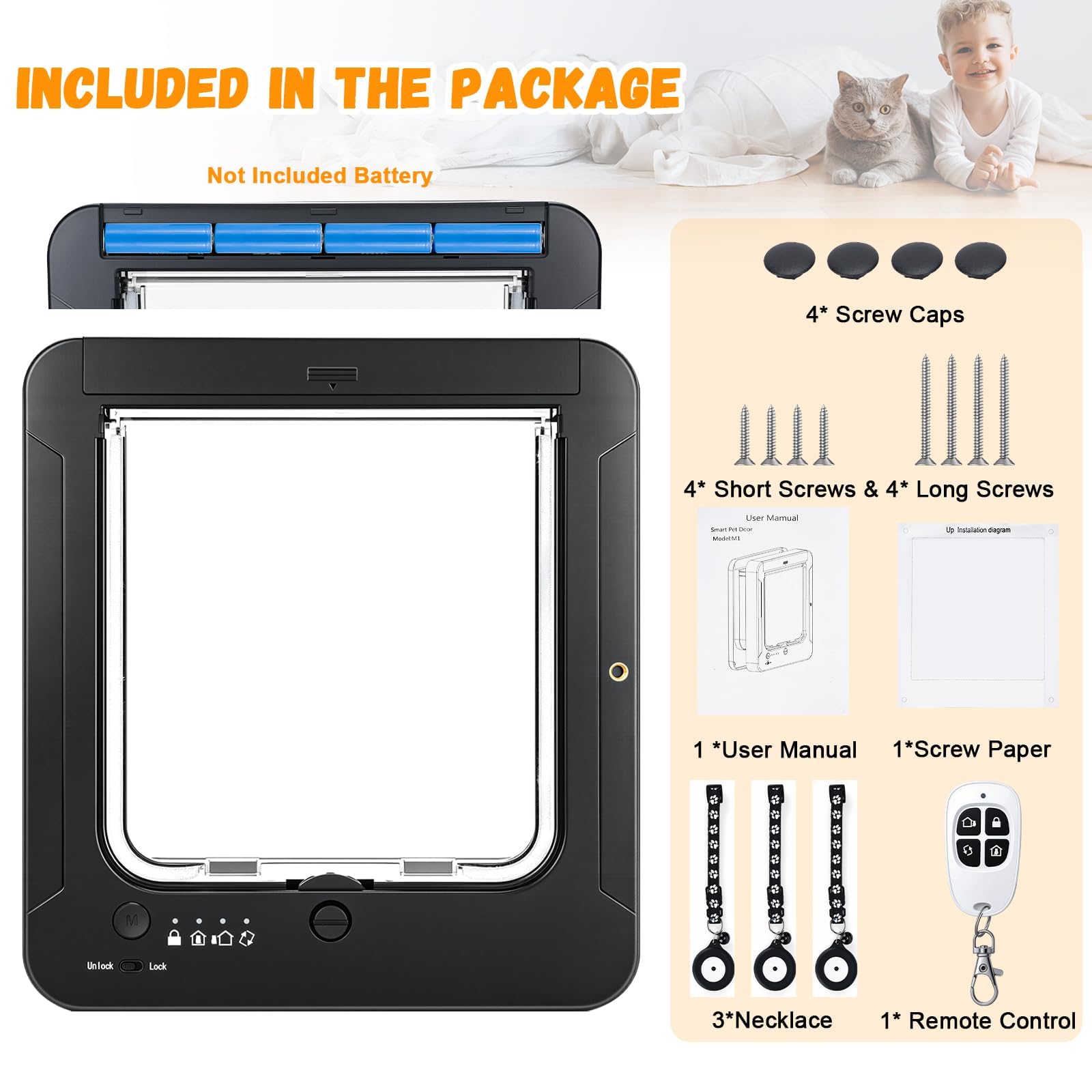 Smart Cat Door for Interior & Exterior, RFID Cat Pet Door with 3 Collar Sensor Keys & 1 Remote Control & 4 Way Locking Cat Flap with Collar Sensors Activated Opening CatDoor (Black)