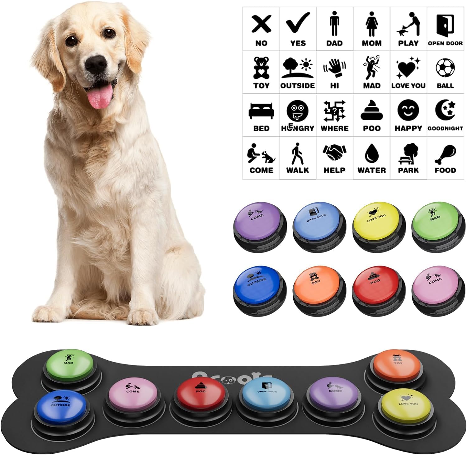 Acools Dog Communication Buttons with 30s Voice Recording, Waterproof Anti-Slip Mat & Scene Stickers