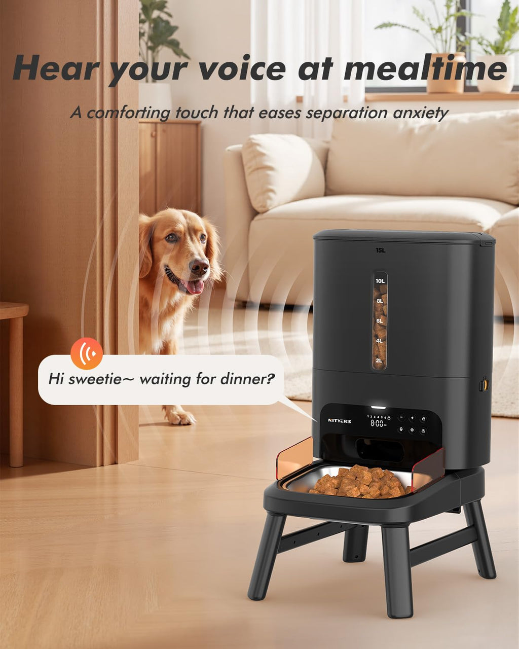 Automatic Dog Feeder for Large Breed - 15L/ 63 Cups Anti-Clog Dog Food Dispenser for 2-23mm Kibble, Elevated Stand, Large Food Tray, Dual Power, Keeps Fresh