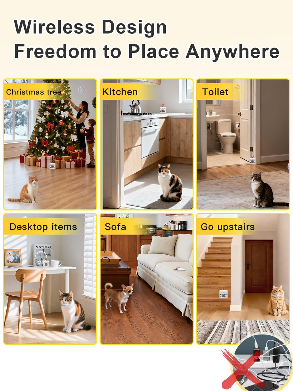FLYSPEAR Wireless Cat Barrier - Rechargeable Indoor Barrier with 6 Adjustable Range Radius up to 7 ft, 6 Adjustable Safe Static Intensit for Cats Small Dogs with Hook