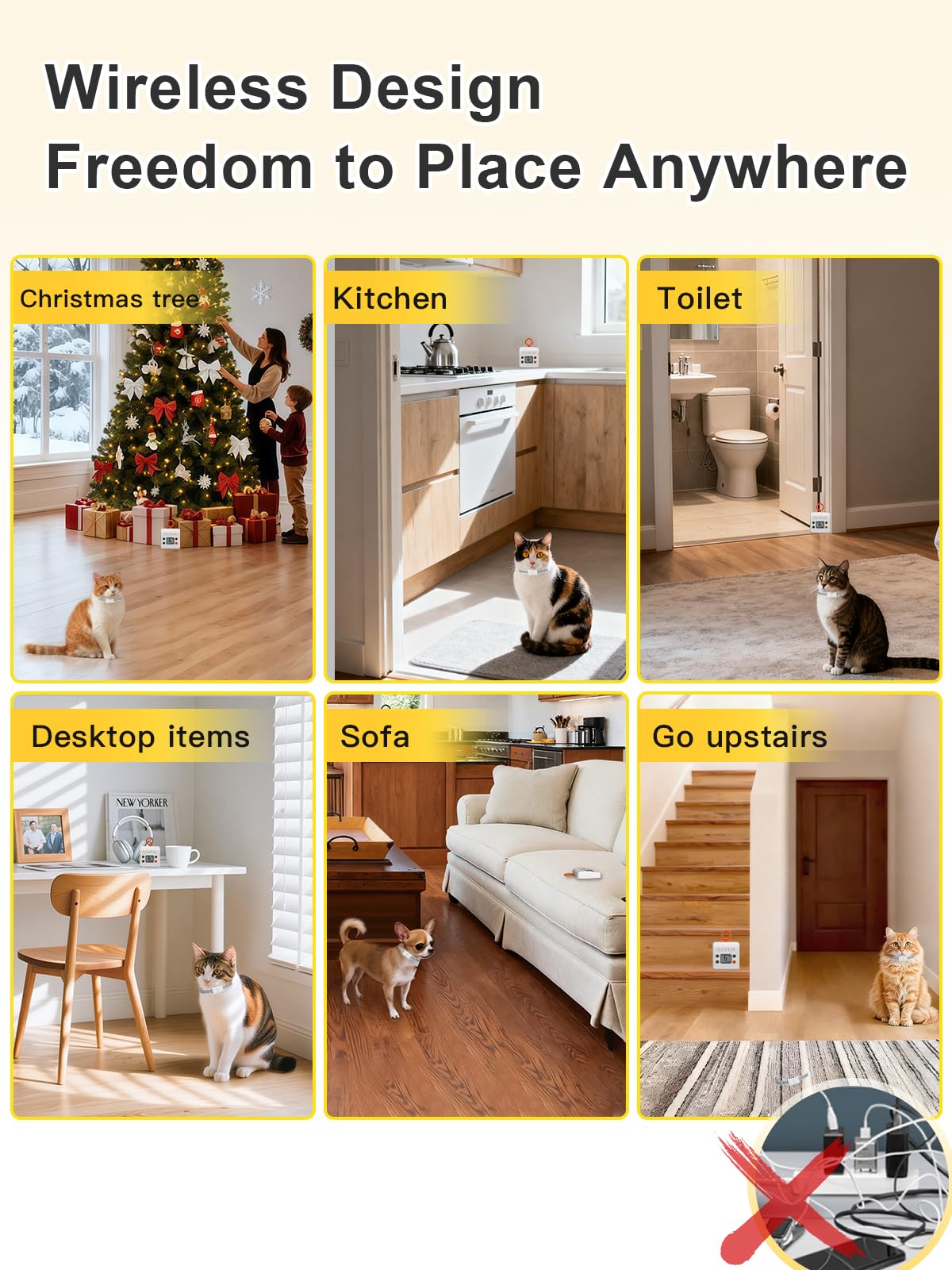 FLYSPEAR Wireless Cat Barrier - Rechargeable Indoor Barrier with 6 Adjustable Range Radius up to 7 ft, 6 Adjustable Safe Static Intensit for Cats Small Dogs with Hook
