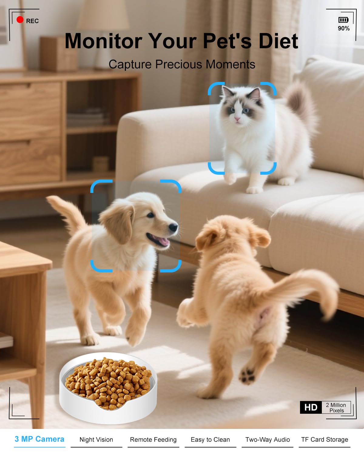 SANSCO Automatic Cat Feeder with Camera: Automatic Dog Feeder, 2K 3MP Video Recording Timed 2.4 & 5GHz WiFi App Control Pet Feeder Dispenser for Cat Dog, Rotates Up and Down, 4L