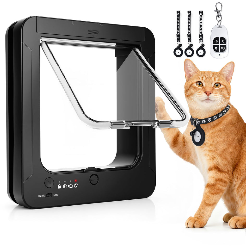 Smart Cat Door for Interior & Exterior, RFID Cat Pet Door with 3 Collar Sensor Keys & 1 Remote Control & 4 Way Locking Cat Flap with Collar Sensors Activated Opening CatDoor (Black)