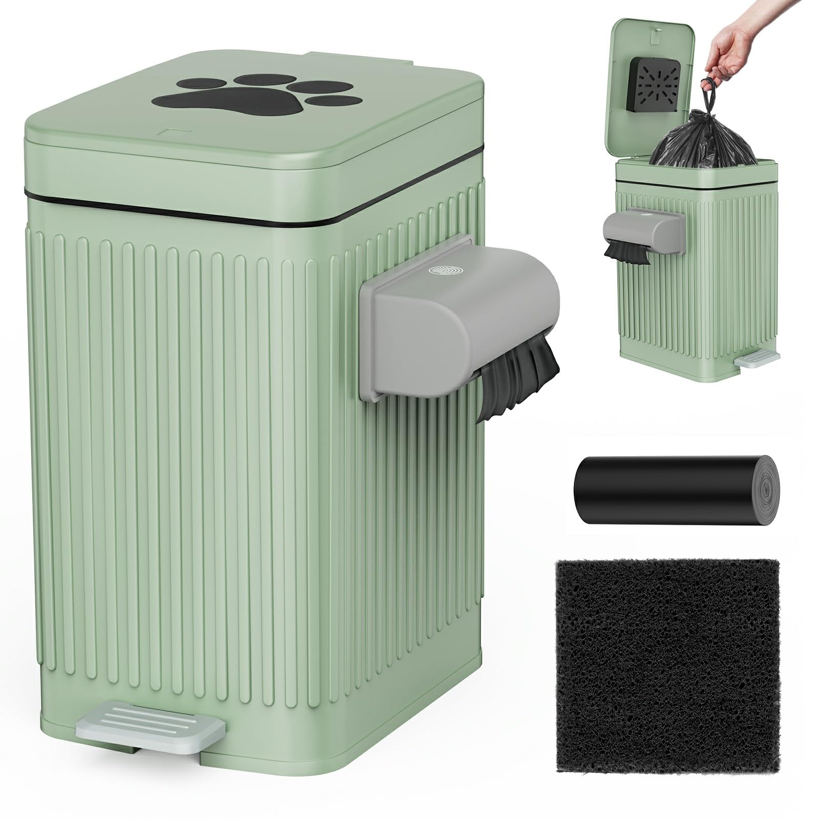 organizelink Dog Poop Trash Can for Outside & Indoor, 5L/1.3Gal Small Pet Waste Bin with Odor Control Carbon Filter, 2-Way Open (Step Pedal & Press Top), Dog Waste Container with Trash Bag Holder