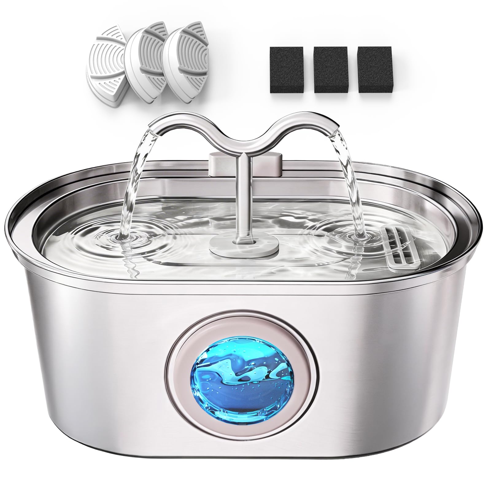 Stainless Steel Cat Water Fountain, 108oz/3.2L Pet Water Fountain for Cats Indoor, with Dual Spouts for Multiple Cats, Ultra-Quiet Automatic Dog Water Dispenser