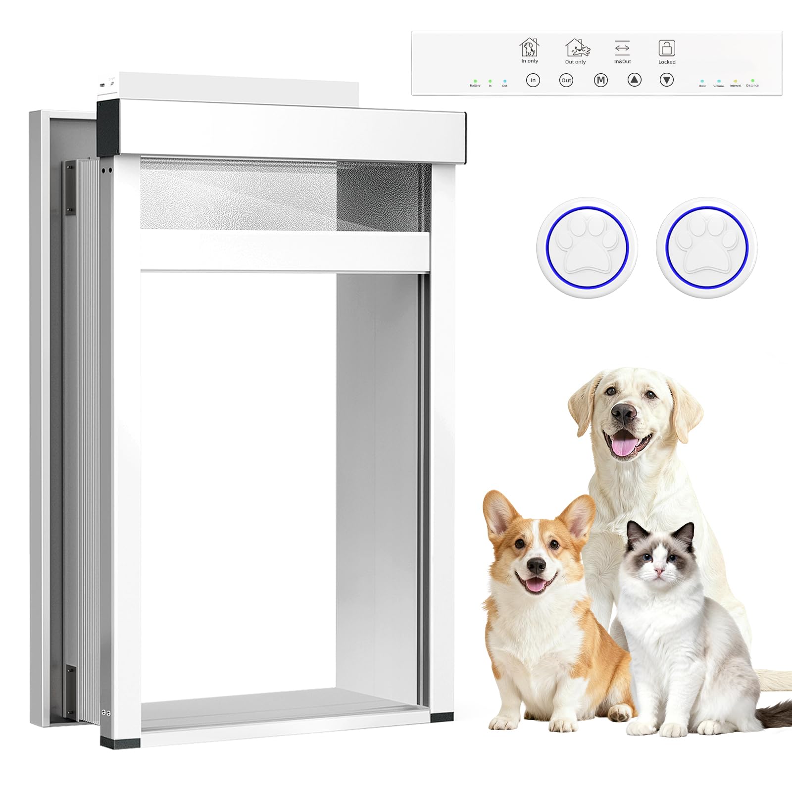 Automatic Dog Door with Doorbell Activation, 2-Flap Electronic Smart Pet Door with Anti-Pinch, No Collar Needed, Aluminum Lockable Weatherproof Telescoping Tunnel for Pets