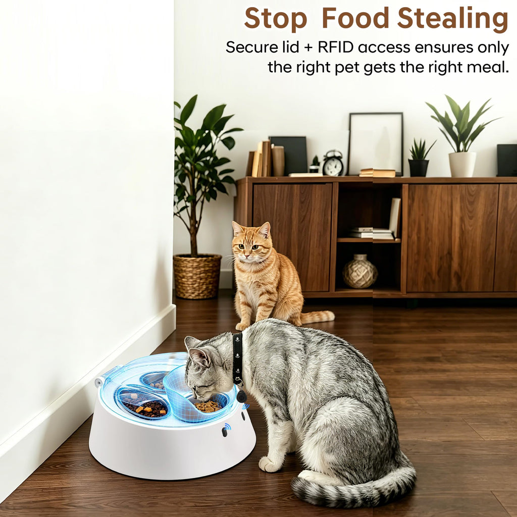 Adolug RFID Automatic Cat Feeder for Multi-Pet Households, Selective Microchip Pet Feeder with 3 Stainless Bowls (1 Public, 2 Hidden), Prevents Food Stealing, Special Diet Dispenser, Dual Power