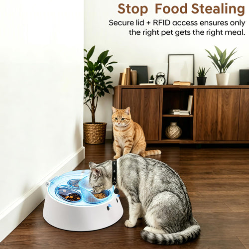 Adolug RFID Automatic Cat Feeder for Multi-Pet Households, Selective Microchip Pet Feeder with 3 Stainless Bowls (1 Public, 2 Hidden), Prevents Food Stealing, Special Diet Dispenser, Dual Power