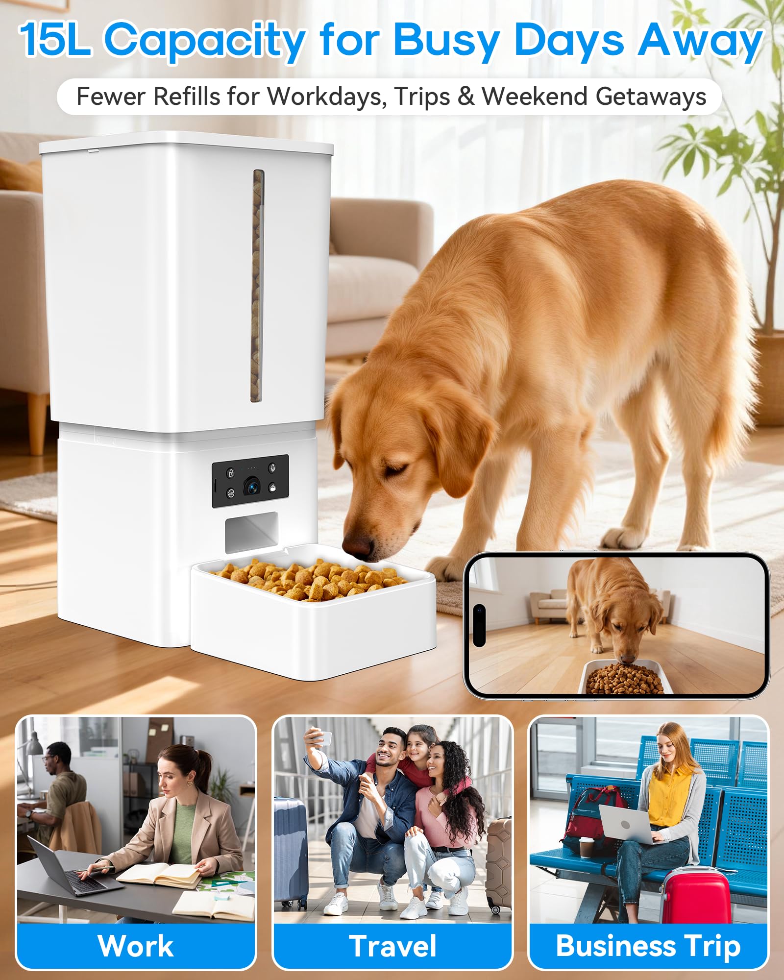 15L/63 Cups Automatic Dog Feeder for Large Breeds: Feeds for 18–25 Days - Anti-Clog Design for 2–23mm Kibble - 5G WiFi Auto Dog Food Dispenser with HD Camera and Timer for Busy Pet Parents