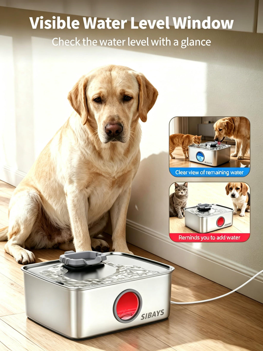 SIBAYS 4Gal/15L Dog Water Fountain, Stainless Steel Large Capacity Pet Water Fountain with Water Level LED Light, Automatic Quiet Dog Water Bowl Dispenser for Large Dogs & Multi-Pet Easy to Clean FS79