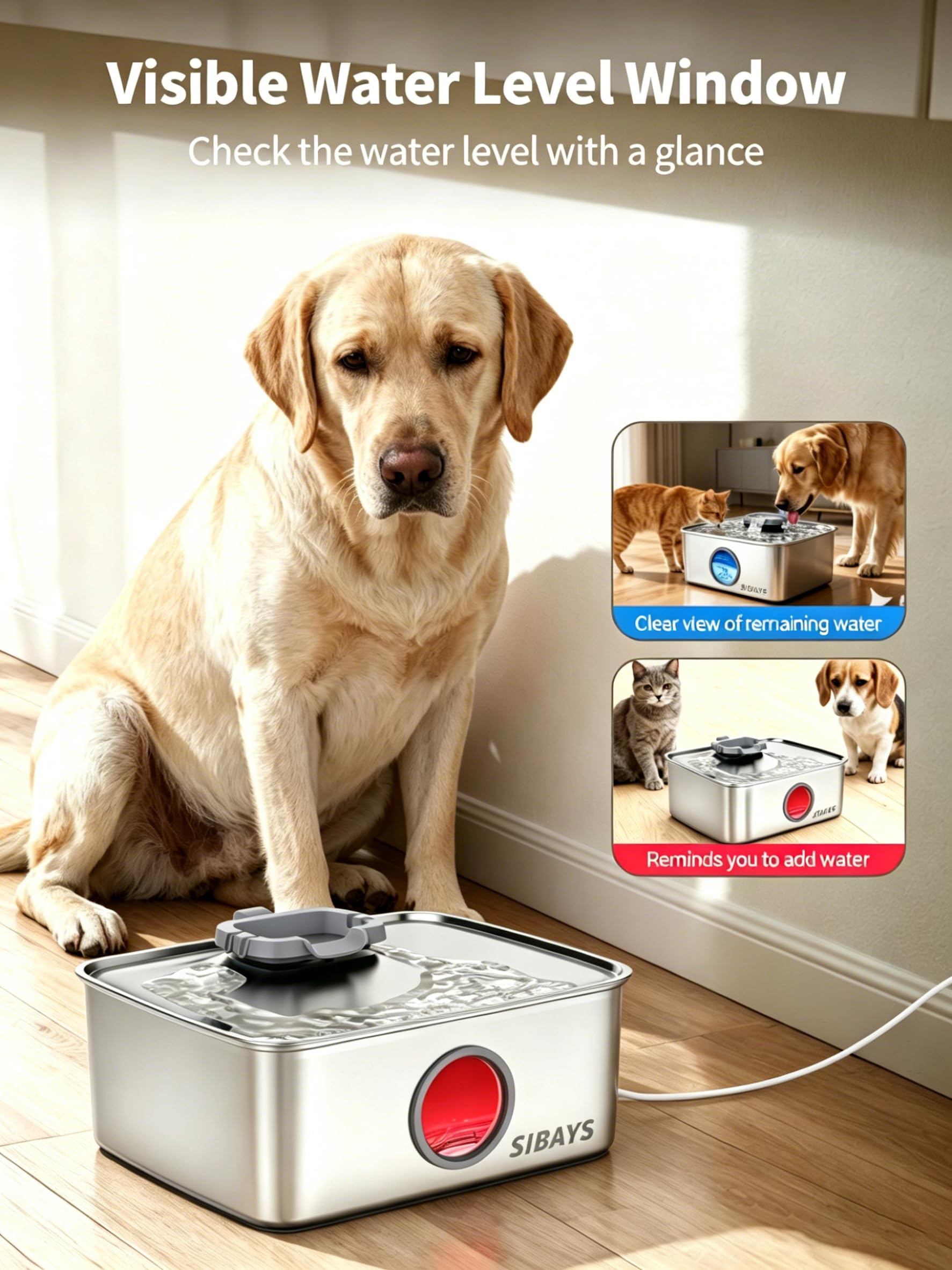 SIBAYS 4Gal/15L Dog Water Fountain, Stainless Steel Large Capacity Pet Water Fountain with Water Level LED Light, Automatic Quiet Dog Water Bowl Dispenser for Large Dogs & Multi-Pet Easy to Clean FS79