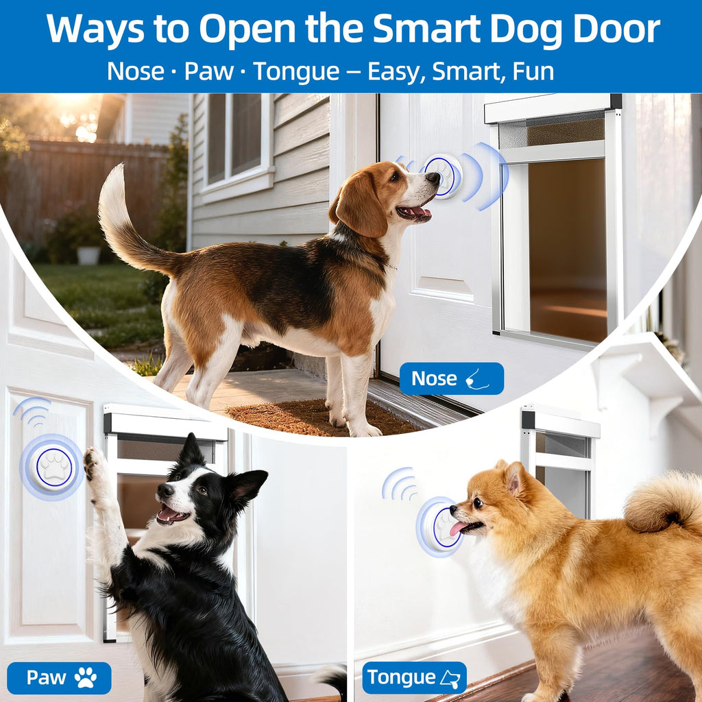 Automatic Dog Door with Doorbell Activation, 2-Flap Electronic Smart Pet Door with Anti-Pinch, No Collar Needed, Aluminum Lockable Weatherproof Telescoping Tunnel for Pets